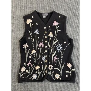 Beautiful Black Floral Embroidered Knit Cotton Sweater Vest L Women